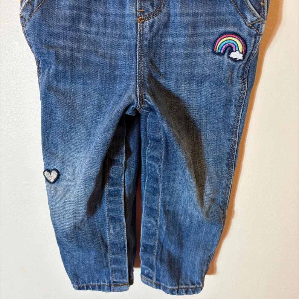 OshKosh‎ B'Gosh Girls Blue Denim Rainbow Heart Embroidered Overalls 12-18M